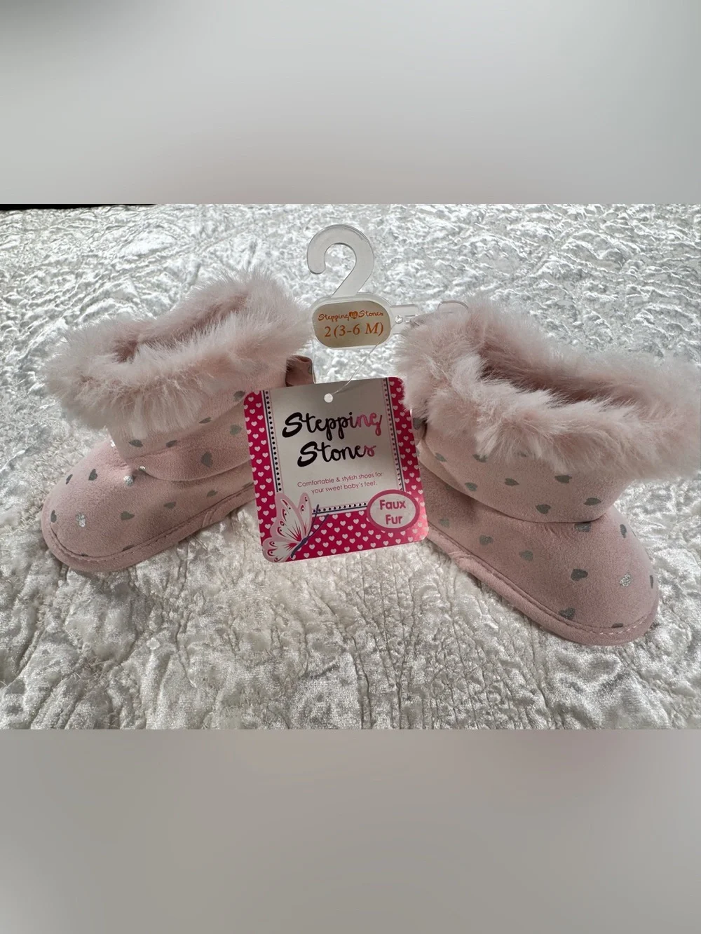 NWT Stepping Stones Baby Walker Faux Fur Pink Heart Booties